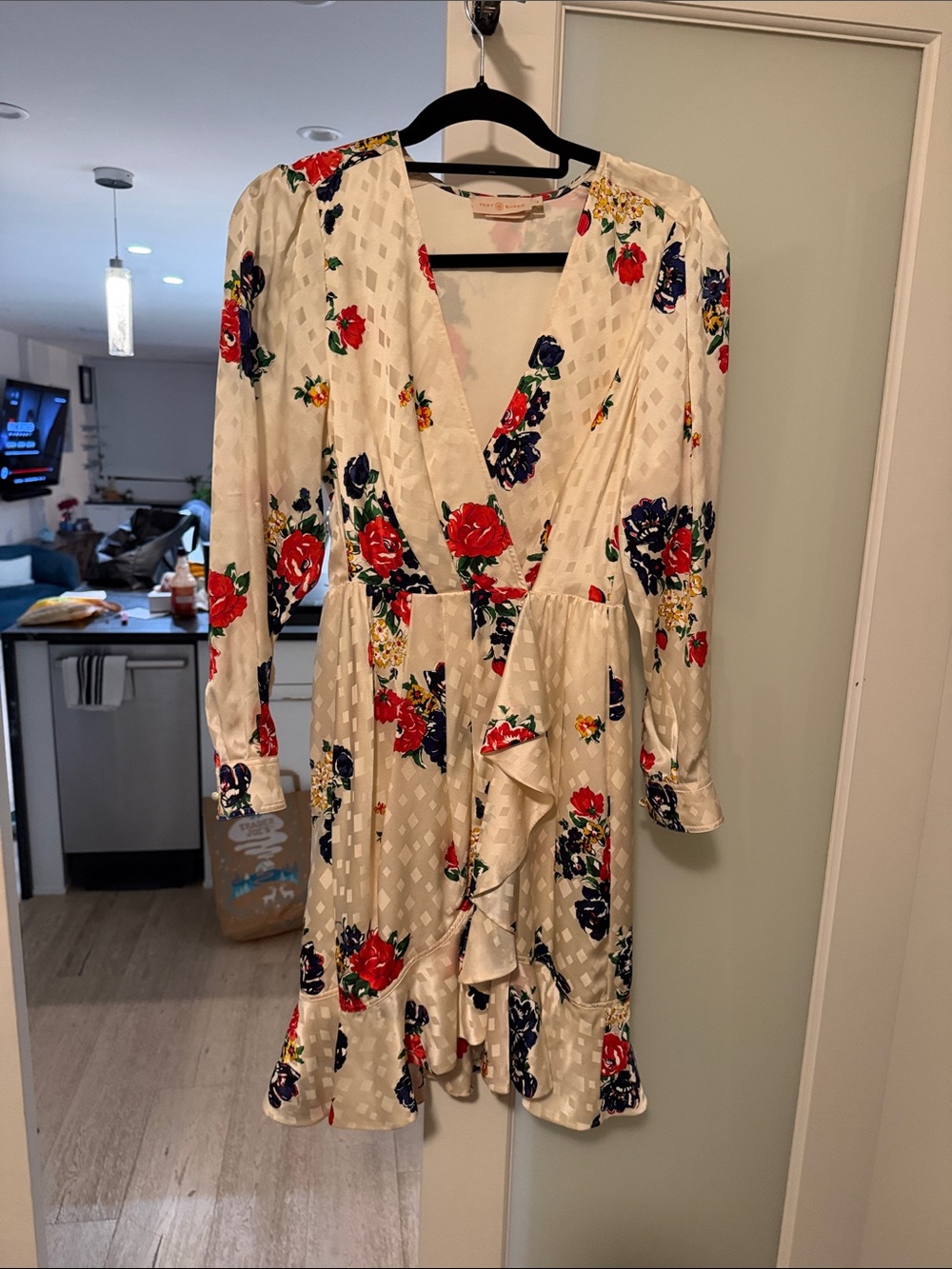 Tory Burch Ivory Floral Long-Sleeve Wrap Dress with Red & Navy Blooms